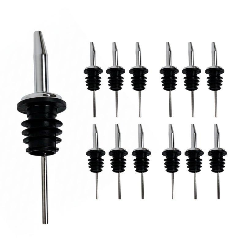 Spill-Stop 285-50 Chrome Tapered Pourer Dispenser, Spouts Liquor Bottle Pourer with Poly-Cork, Black/Silver, 12 Units - Image 1